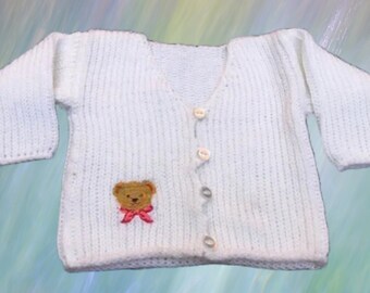 Handmade Teddy Bear Design White Baby Cardigan Size 6-12 Months W49