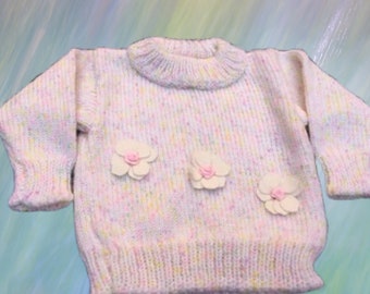 Handmade Colourful Flowery Knitted Baby Sweater Jumper Size 6-12 Months W45