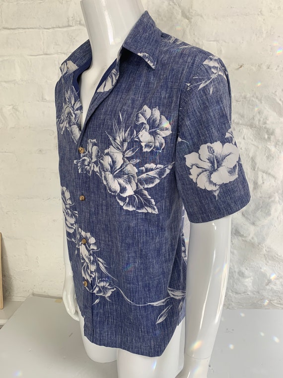 1980's Denim Blue Reverse Hibiscus Print Hawaiian… - image 2