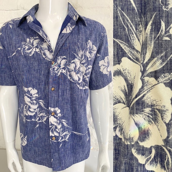 1980's Denim Blue Reverse Hibiscus Print Hawaiian… - image 1