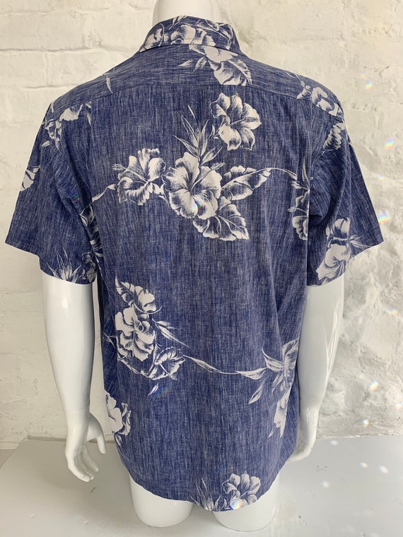 1980's Denim Blue Reverse Hibiscus Print Hawaiian… - image 5
