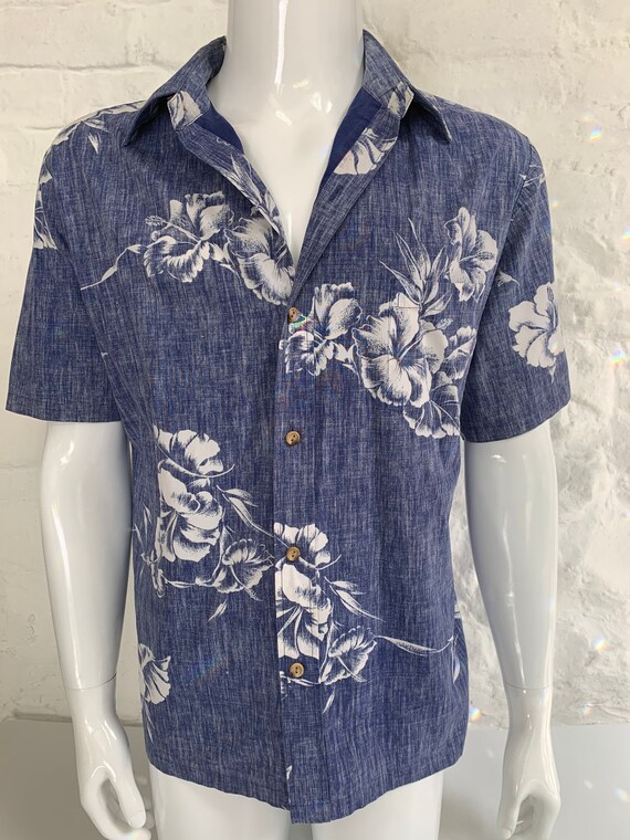 1980's Denim Blue Reverse Hibiscus Print Hawaiian… - image 6