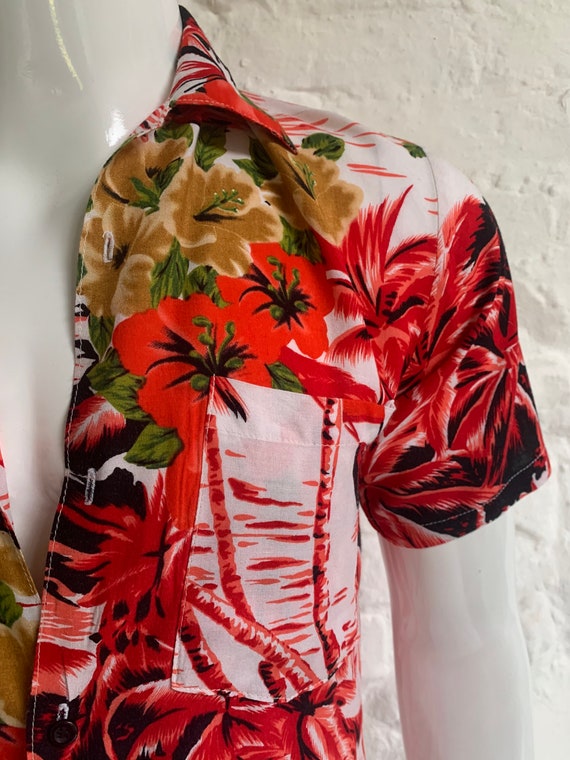 1980's Scarlet Splashy Hawaiian Print Shirt ... L… - image 3