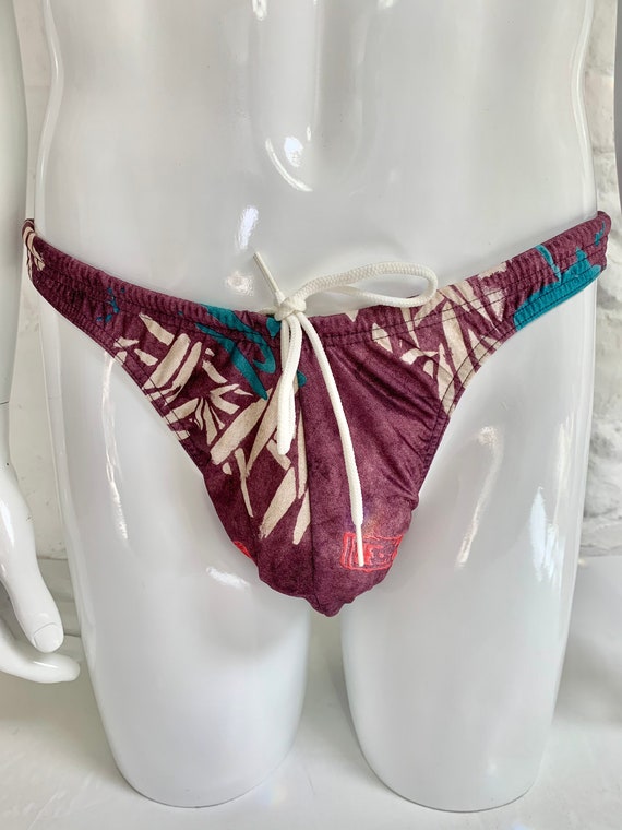 1990's Bamboo Jungle Print Swim Trunks .... Label: Kiniki .... Waist 32 inches ... Original Vintage Nineties 90's * UNWORN *