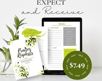 May include: A printable prayer requests and answers journal featuring white pages with green and black floral scroll designs. The text reads Prayer Requests and Answers Journal, Business, Prayer Request, and Answer. A tablet displays the journal pages.