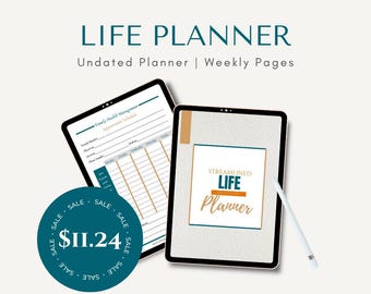 May include: Two digital tablets displaying planner pages with a white stylus. One screen shows a family health management schedule, while the other displays a cover page with the text Streamlined Life Planner. A teal circle with sale text is included.