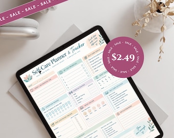 May include: A digital self-care planner and tracker displayed on a tablet screen. The layout includes sections for daily gratitude, top priorities, hydration, exercise, mood, meal tracking, sleep, and self-care activities with floral accents.