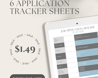 May include: A digital job application tracker planner displayed on a tablet screen, featuring columns for job posting date, company, position, location, salary, and status. The layout includes sections for interview details, notes, and specific checkboxes.