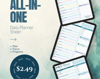 May include: A digital daily planner sheet displayed on three tablet screens. The text reads ALL-IN-ONE Daily Planner Sheet, Plan, Focus, Progress, and Small steps make big progress. The planner features sections for tasks, appointments, and meal planning.