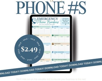 May include: A digital emergency phone number contact list template displayed on a tablet screen. The document features organized sections for relatives, doctors, hospitals, schools, food pantries, and energy departments with columns for names and phone numbers.