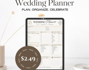 May include: A digital wedding planner displayed on a tablet screen featuring sections for budget tracking, to-do lists, vendor checklists, guest lists, wedding attire, and ceremony details with the text Wedding Planner Plan Organize Celebrate.