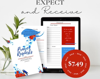 May include: A digital prayer journal titled Prayer Requests and Answers Journal featuring blue floral and bird illustrations. The journal pages include sections for Prayer Goals and Financial requests, displayed on a tablet screen and a printed sheet.