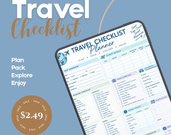 May include: A digital travel checklist planner displayed on a tablet screen. The document features sections for trip overview, flight details, packing lists, travel essentials, car rental, budget tracking, and places to visit with blue text.
