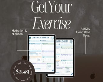 May include: Two digital tablets display an exercise log and tracker template with sections for hydration, nutrition, activity, heart rate, and sleep. The text reads Get Your Exercise, Exercise Log & Tracker, Hydration & Nutrition, and Activity Heart Rate Sleep.