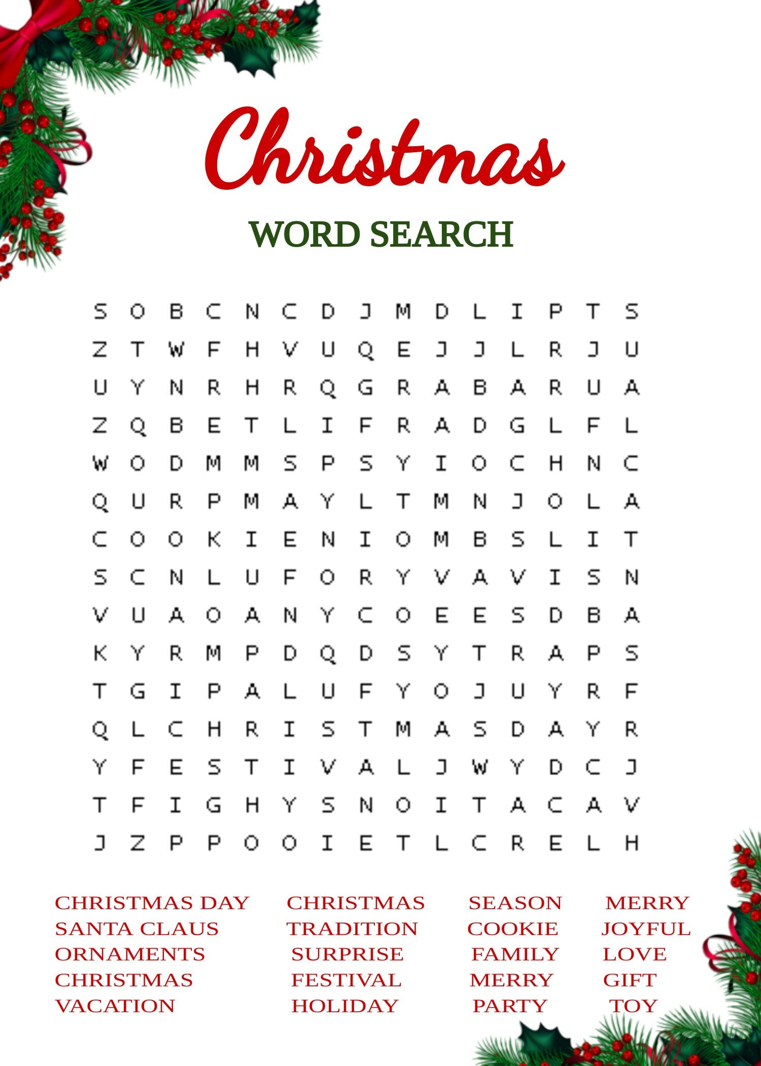 Holiday Word Search Printable