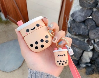 Boba Tea Cow Airpods 2//1 Case,3D Cartoon Cute Airpod Case Cover with Keychain Soft Silicone Protective Case Skin for Airpods 1 /& 2