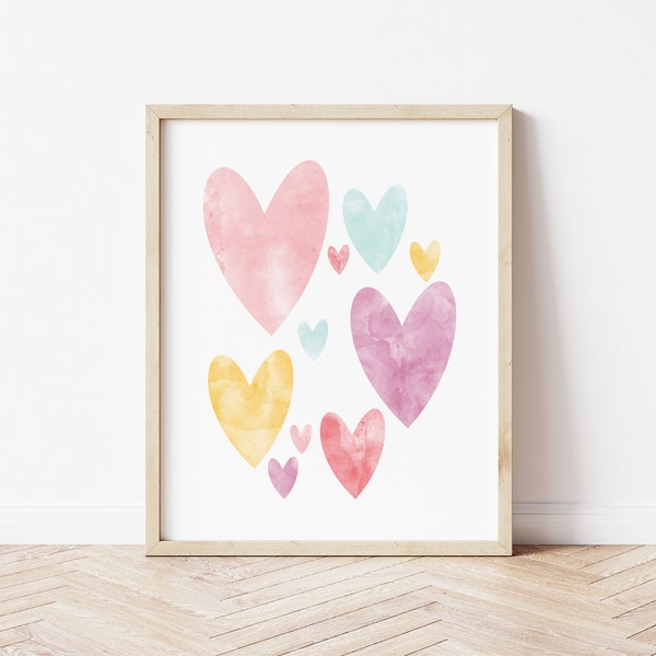 Pink and Purple Watercolor Hearts Print, Printable Wall Art, Digital Print, Kids Room, Nursery, Home Decor, Multiple Sizes, Girls Room