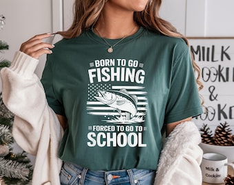 Grappig T-shirt visschool – "Born to Go Fishing, Forced to Go to School" – shirt voor jeugdvisser – cadeau vissers voor kinderen en tieners