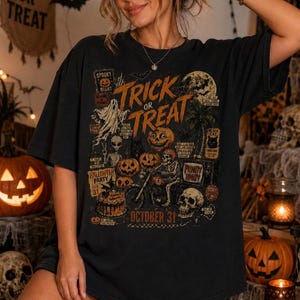 Vintage spooky season t-shirt for women with distressed Halloween collage featuring pumpkins, ghost, skeleton biker, skull, bats and October 31.