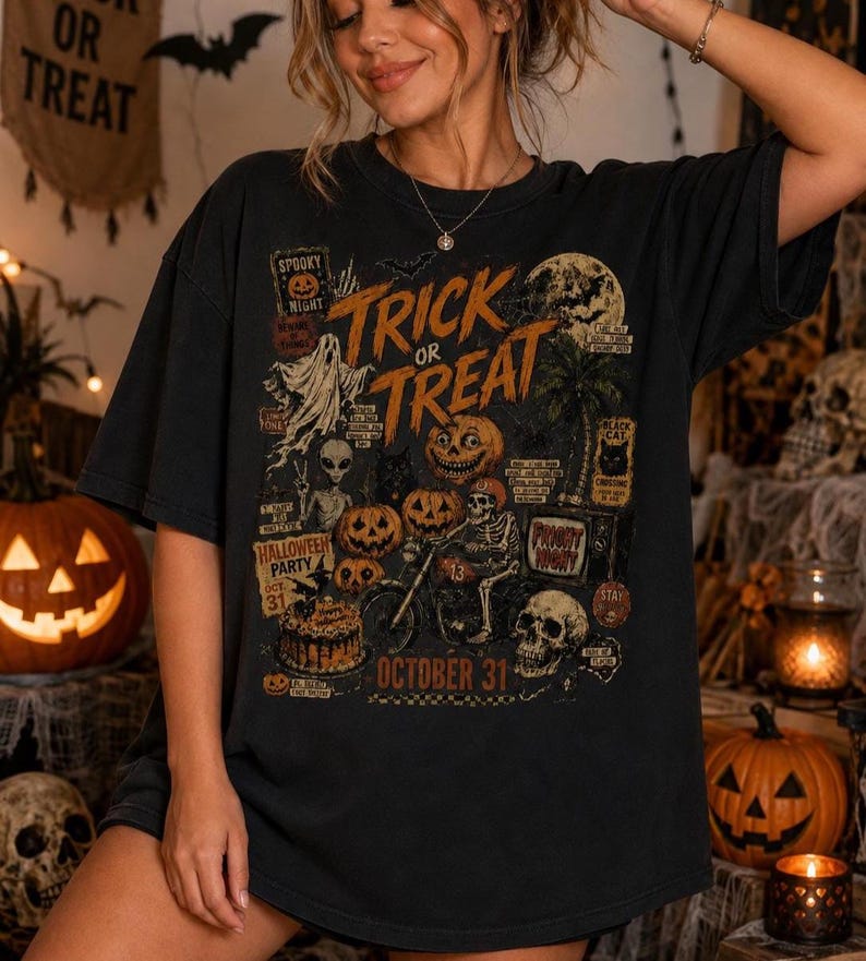 Vintage spooky season t-shirt for women with distressed Halloween collage featuring pumpkins, ghost, skeleton biker, skull, bats and October 31.