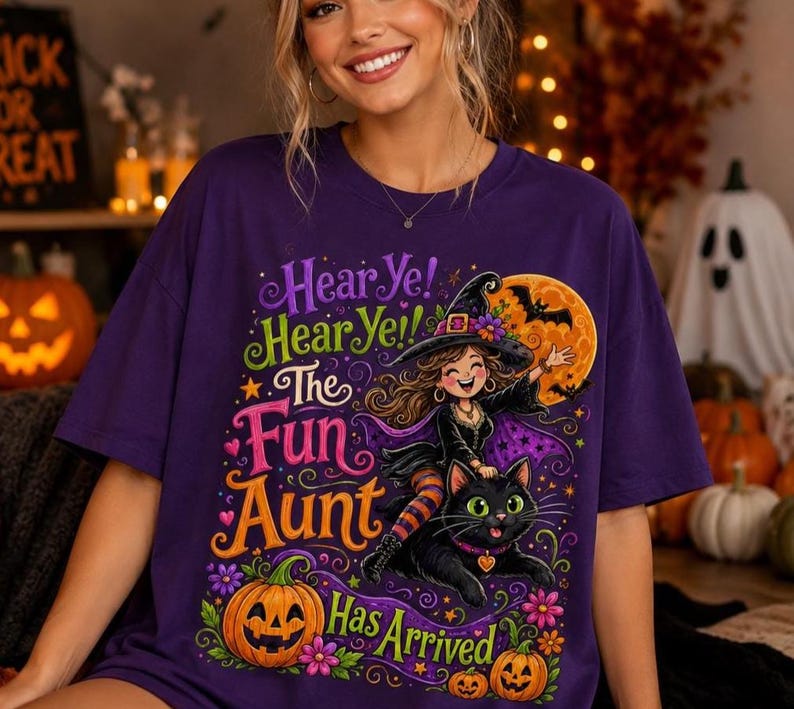 K&ouml;nnte beinhalten: Ein violettes T-Shirt mit einer bunten Grafik einer Hexe, die auf einer schwarzen Katze reitet. Der Text lautet: Hear Ye! Hear Ye! The Fun Aunt Has Arrived. Das Design zeigt einen gro&szlig;en orangefarbenen Mond, Flederm&auml;use und K&uuml;rbisse.