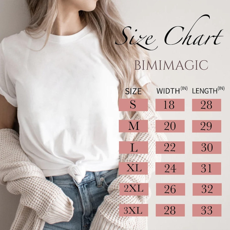 K&ouml;nnte beinhalten: Eine T-Shirt-Gr&ouml;&szlig;entabelle mit dem Text Size Chart und BIMIMAGIC. Die Tabelle listet die Gr&ouml;&szlig;en S bis 3XL mit den entsprechenden Breiten- und L&auml;ngenma&szlig;en in Zoll auf, von 18 bis 28 Zoll Breite und 28 bis 33 Zoll L&auml;nge.