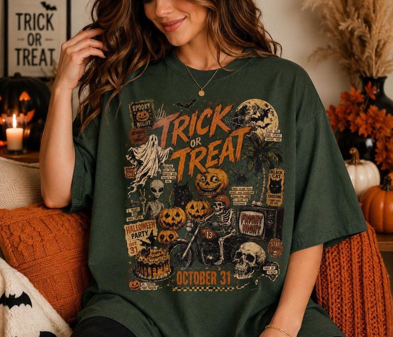 Oversized Halloween shirt mockup featuring a vintage orange and cream Trick or Treat design with pumpkins, ghosts, skeletons and full moon.