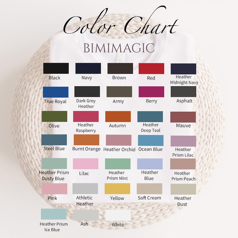 May include: A color chart with various color swatches, including black, navy, and red. The text "Color Chart" and "BIMIMAGIC" are displayed in elegant script. The chart showcases a range of hues, from olive to pink, and includes color names.