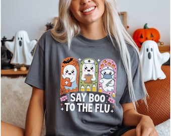 Säg bu till influensa-tröjan – rolig Halloween-sjuksköterska-t-shirt – söt spökmedicinsk t-shirt för vårdpersonal, läkare, influensasäsongspresent