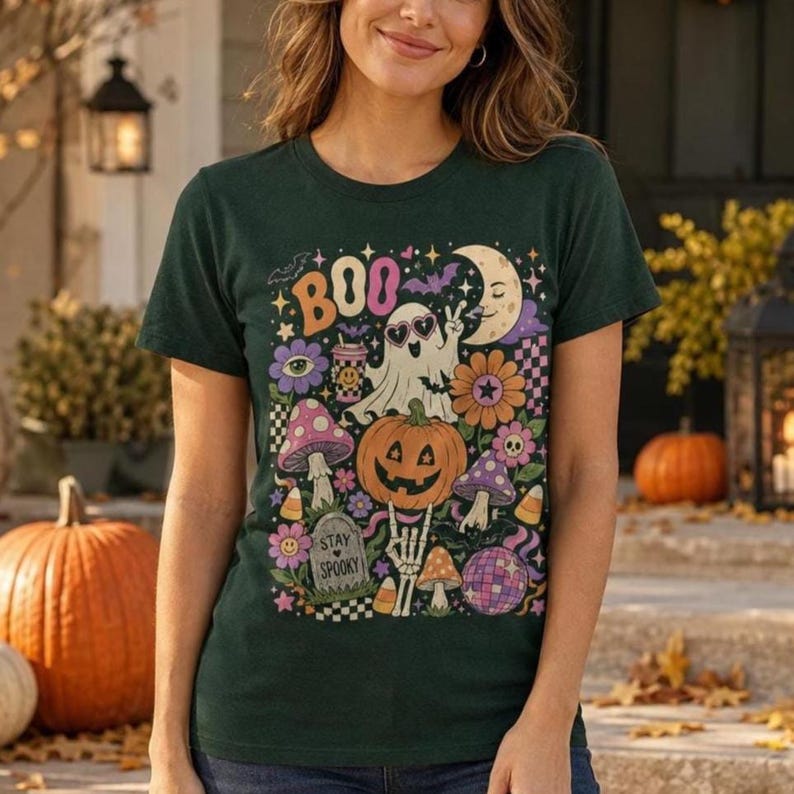 Retro Halloween collage shirt featuring a ghost in heart sunglasses, jack-o’-lantern, mushrooms and “BOO” text.