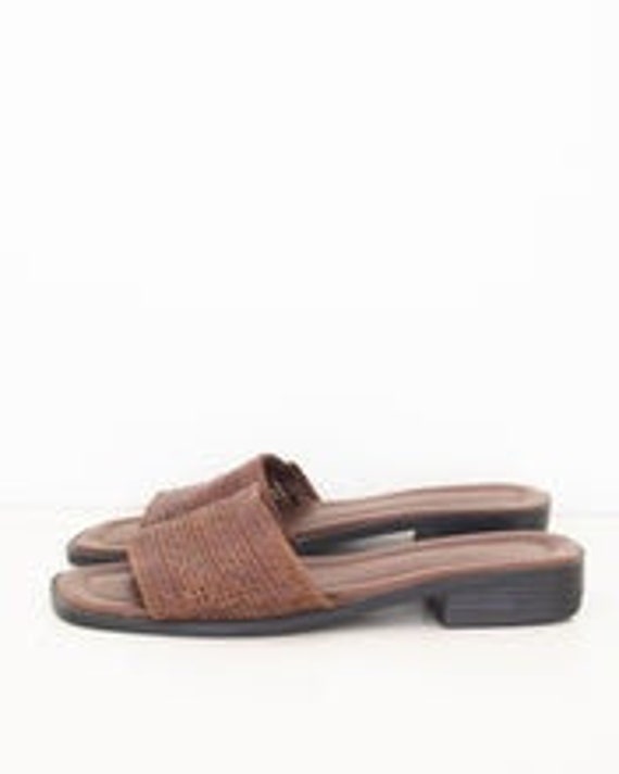 Brown Woven Leather Slides w7