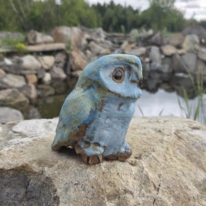 May include: A blue and brown ceramic owl figurine perched on a rock. The owl has large, dark eyes and a weathered look. The background shows a natural setting with water and greenery.