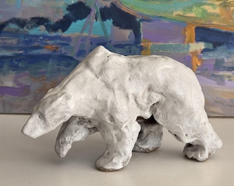 Handmade Ceramic Polar Bear Sculpture, Stoneware Polar Bear Sculpture, Satin Stone Like Polar Bear Figurine, Animal Home Decor