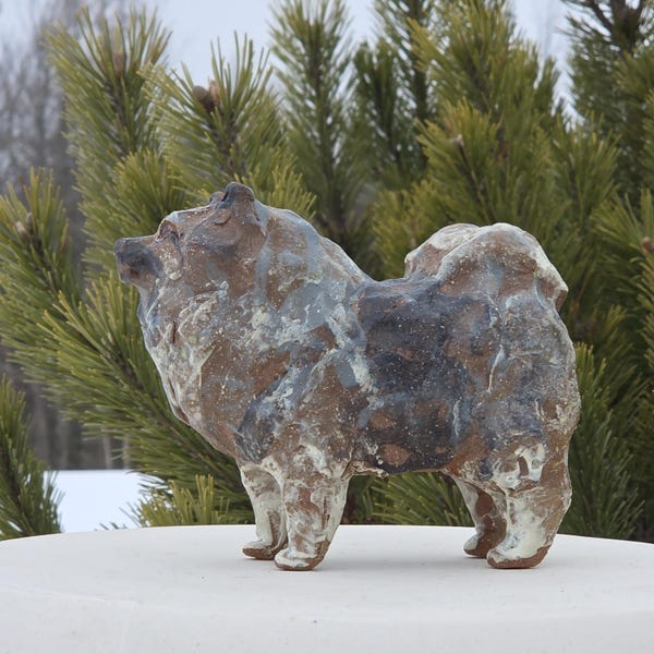 Handmade Keeshond Ceramic Dog Sculpture, Stoneware Animal Art, Whimsical Home Decor