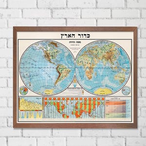 Vintage World Map Wall Art: Hebrew Script, Geography Gift
