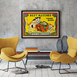 Vintage Japanese Matchbox Label Print - Cat Illustration Art