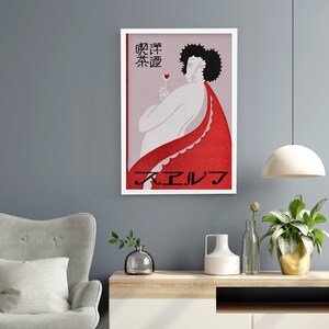 Deco kunst aan de muur rood gewaad, vintage Japanse kunstdruk jaren 1930, uniek en gedurfd woondecoratie
