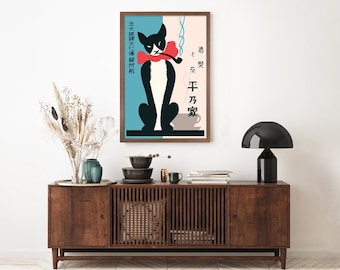 Vintage Japan Cat Art Print: Retro Matchbox Label Poster