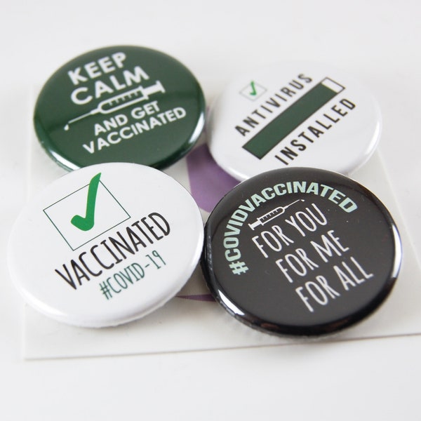 Vaccinated pin back button set of four COVID-19 1.25" lanyard backpack flair spread kindness not germs teacher nurse Vaccine Corona Virus