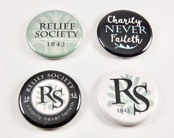 Relief Society MAGNETS or PIN buttons gift birthday lesson chalkboard magnets Charity Never Faileth --free shipping--