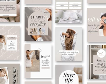 Könnte beinhalten: Eine Collage aus beigen und braunen Instagram-Story-Vorlagen mit Textüberlagerungen. Der Text enthält Tipps für Kleinunternehmer, wie man eine neue Gewohnheit in 30 Tagen entwickelt, und Fragen, die man sich selbst stellen sollte.
