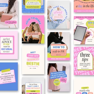 May include: A collage of colourful Instagram story templates with text about business growth, productivity, and social media marketing. The templates feature bright colours, bold fonts, and playful graphics.