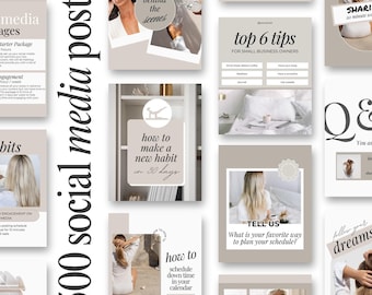 May include: A collection of social media post templates with a neutral color scheme. The templates feature text overlays with topics such as social media packages, habits, business tips, and scheduling. Some templates feature images of people.