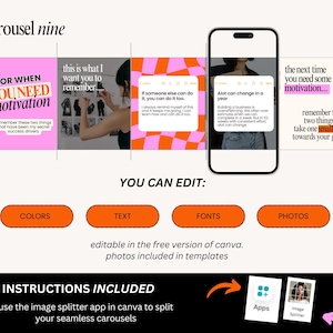 May include: A digital marketing template with a motivational theme. The design features a carousel layout with text overlays in pink, orange, and white. The text includes phrases like "You need motivation" and "small step".