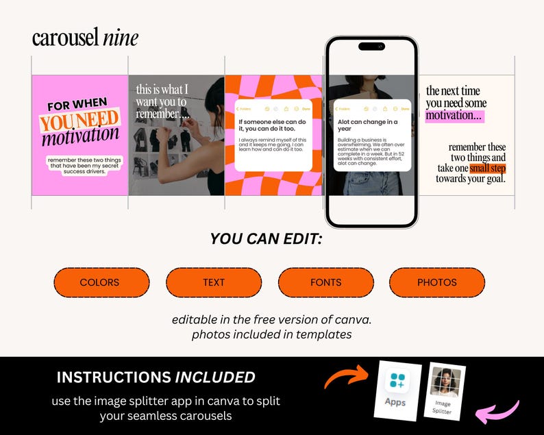 May include: A digital marketing template with a motivational theme. The design features a carousel layout with text overlays in pink, orange, and white. The text includes phrases like "You need motivation" and "small step".