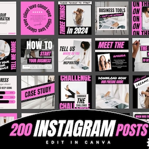 200 szablonów na Instagram - Szablony mediów społecznościowych Canva - Szablony na Instagram dla firm - Czarno-białe szablony na Instagram Canva