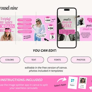 Pode incluir: Um modelo de design gr&aacute;fico rosa e branco para publica&ccedil;&otilde;es de carrossel em redes sociais. O design inclui texto, fotos e elementos edit&aacute;veis. O modelo promove o marketing por e-mail e inclui instru&ccedil;&otilde;es.