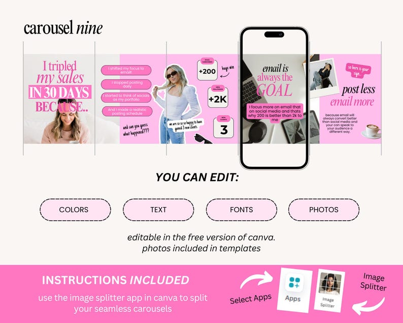 Pode incluir: Um modelo de design gr&aacute;fico rosa e branco para publica&ccedil;&otilde;es de carrossel em redes sociais. O design inclui texto, fotos e elementos edit&aacute;veis. O modelo promove o marketing por e-mail e inclui instru&ccedil;&otilde;es.