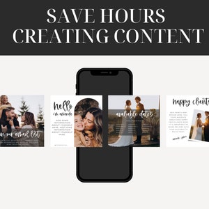 May include: A phone screen displaying four social media posts with images of a couple and a family. The posts include text such as "join our email list", "hello", "available dates", and "happy clients".