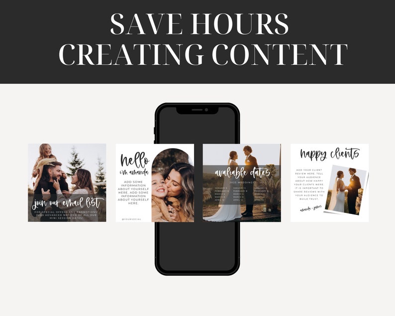 May include: A phone screen displaying four social media posts with images of a couple and a family. The posts include text such as "join our email list", "hello", "available dates", and "happy clients".